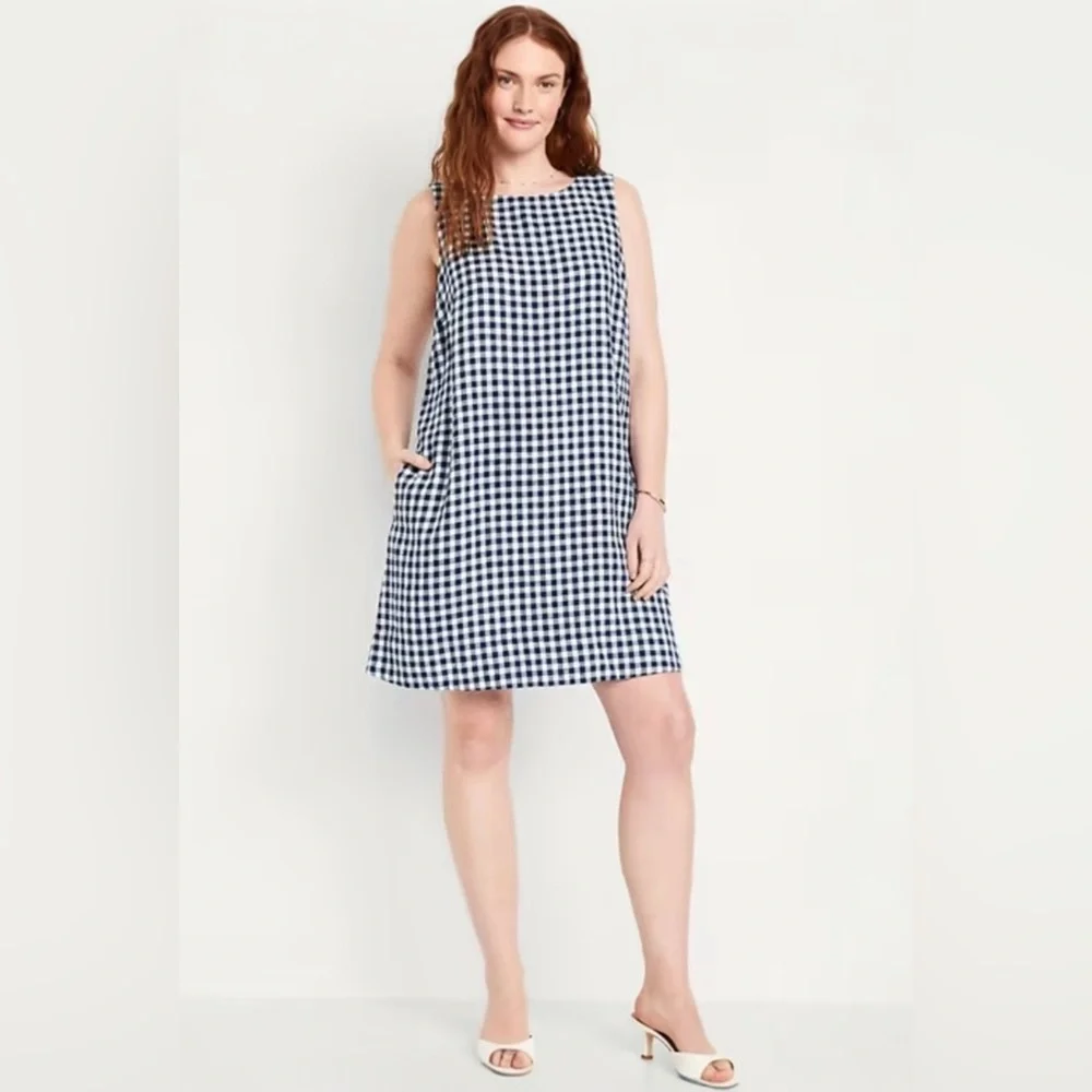 Old Navy Linen-Blend Mini Shift Dress Gingham - Picture 2 of 3